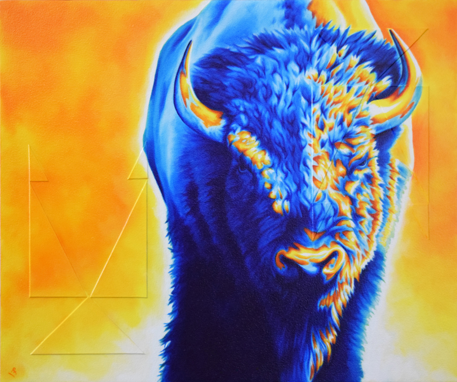 "Meeting" 20in x 24in, Airbrushed Acrylic & Oil on Panel with raised accents