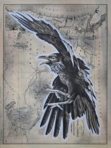 "Caw-ling" 18in x 24in, Graphite & Acrylic on vintage map image