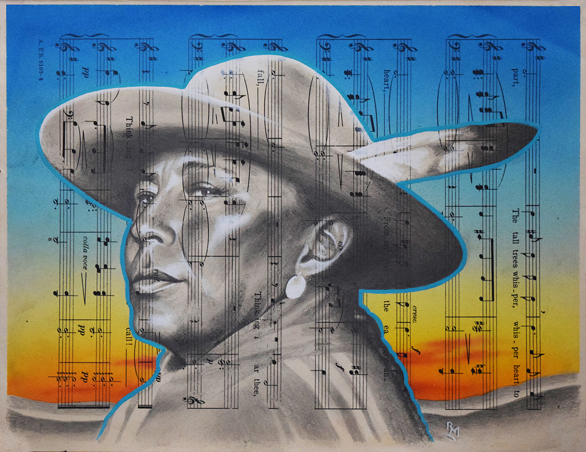 Aunty Eyes, 9in x 12in, Airbrushed/Brushed Acrylic & Graphite on Antique 1927 Sheet Music