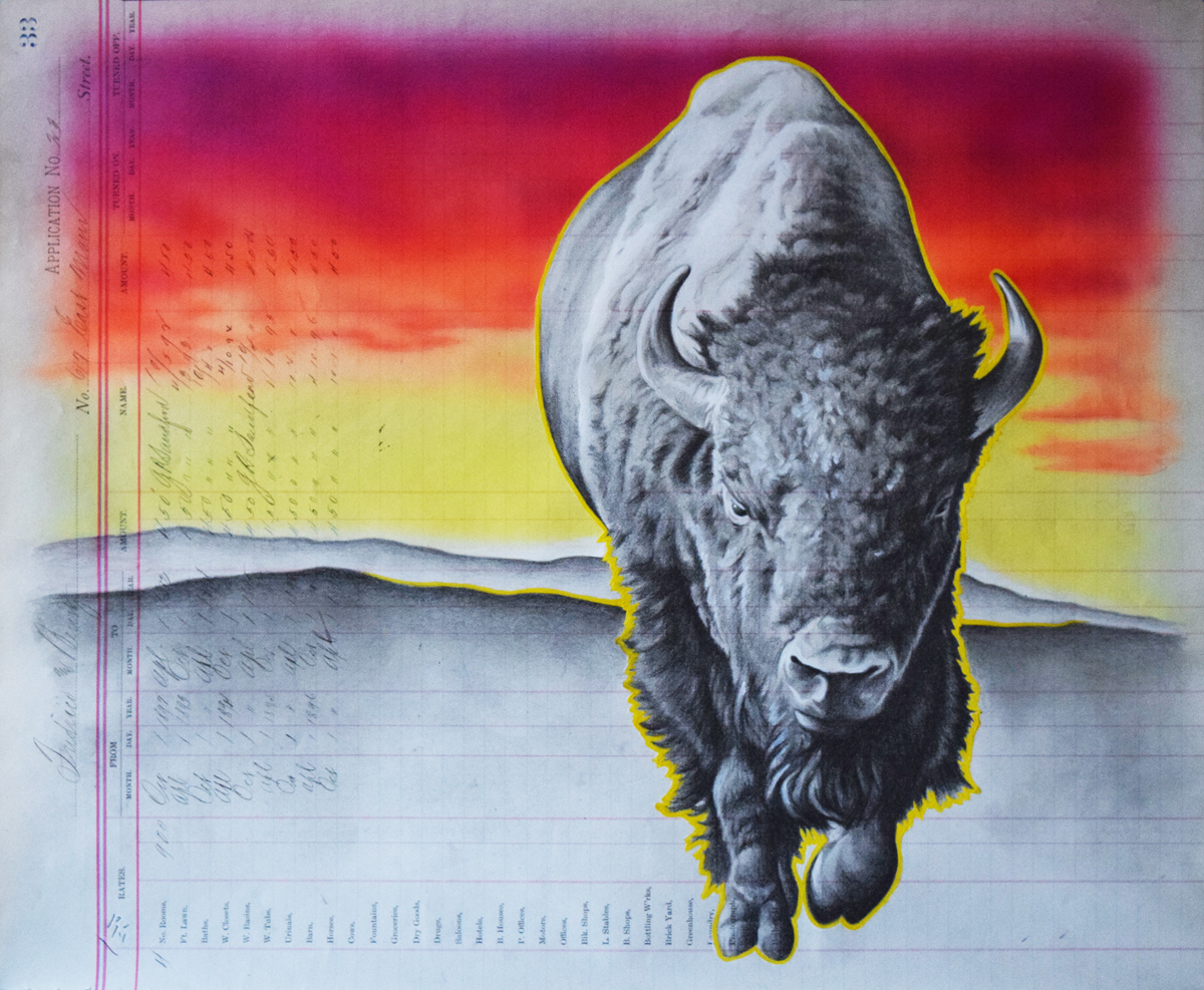 "Sunset March" 14in x 17in, Airbrushed Acrylic & Graphite on Antique 1897 Ledger Page