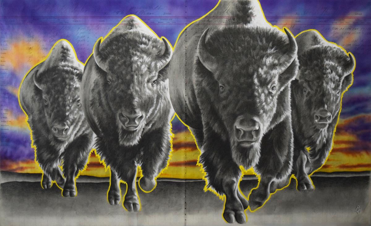 Four-Eight-Sixteen, 17in x 28in, Airbrushed/Brushed Acrylic & Graphite on Antique 1897 Ledger Paper