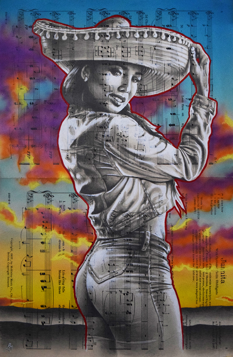 Juanita, 18in x 12in, Airbrushed/Brushed Acrylic & Graphite on Antique 1927 Sheet Music Page
