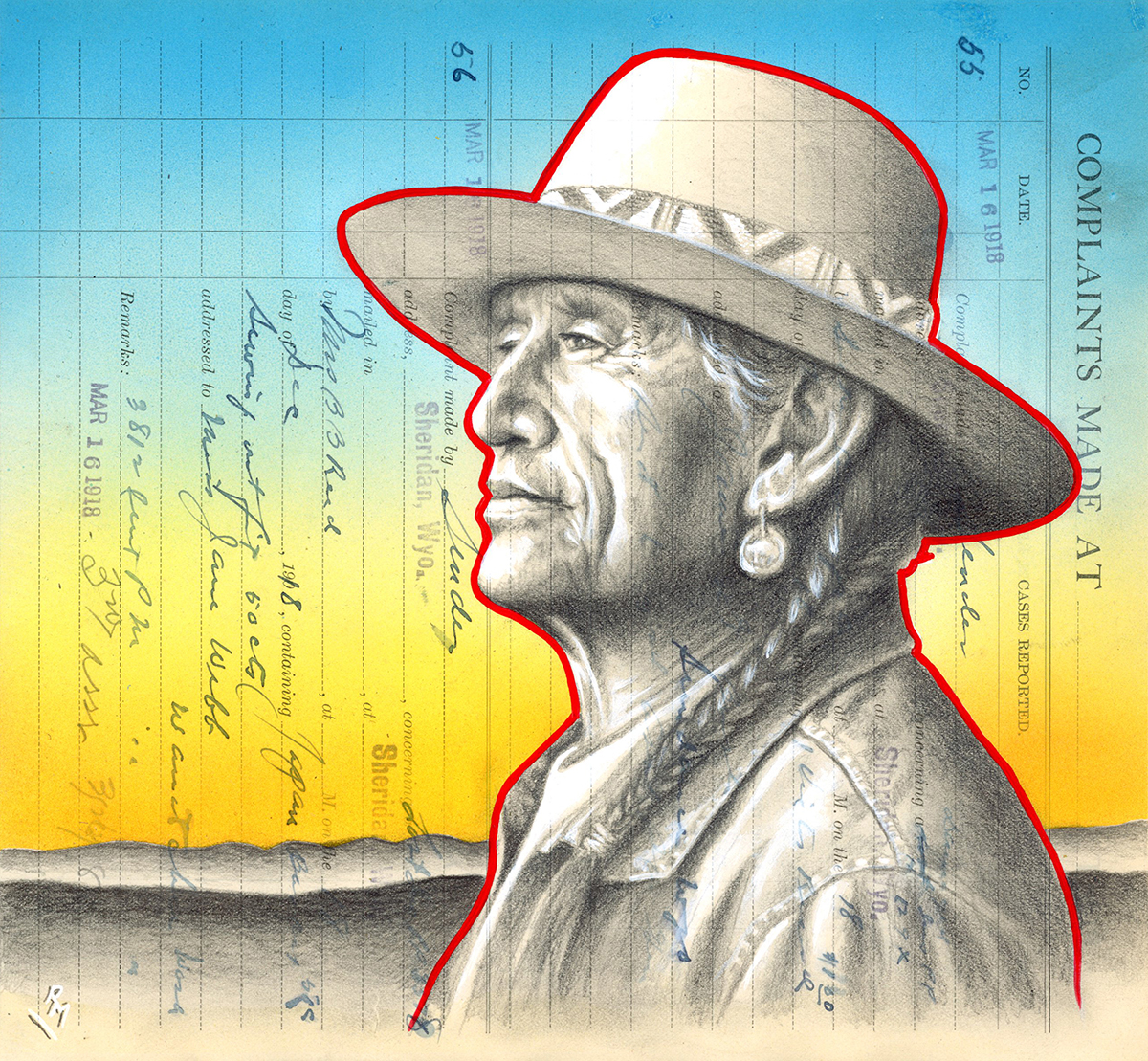 No Complaints this Morning, 9in x 10in, Airbrushed/Brushed Acrylic & Graphite on Antique 1918 Complaints Ledger Page