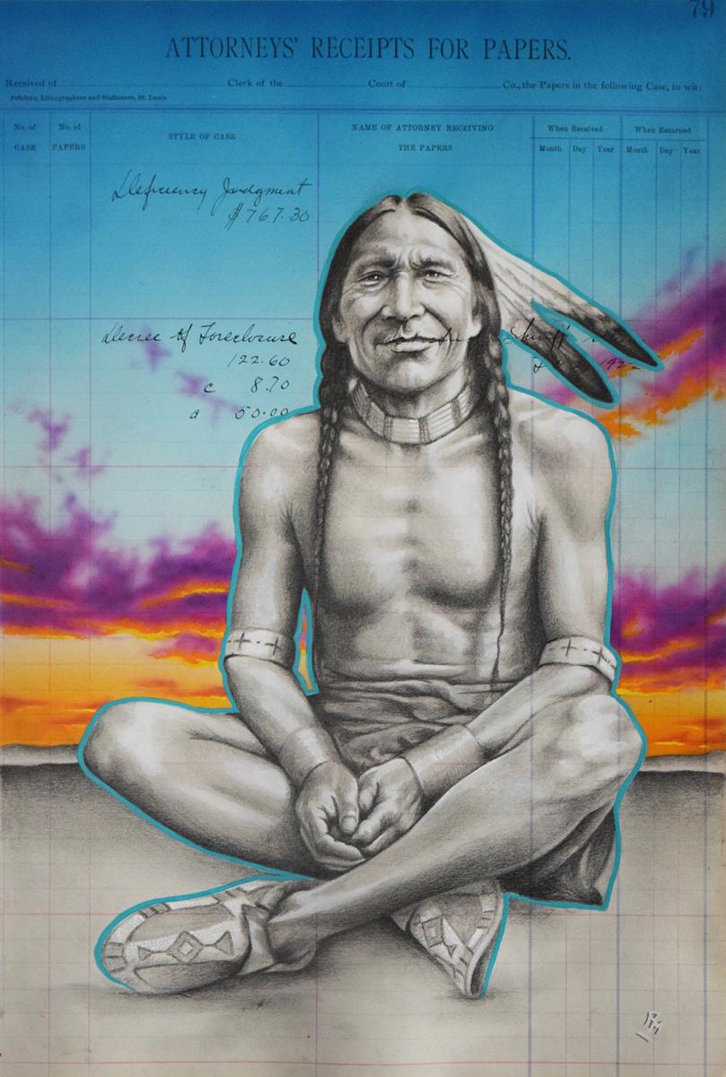 No Judgement, 15.5in x 10.25in, Airbrushed/Brushed Acrylic & Graphite on Antique 1922 Ledger Paper