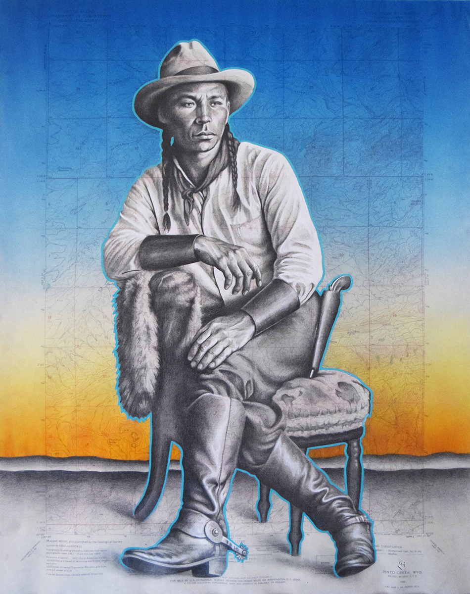 Prince of the Plains, 27in x 22in, Airbrushed/Brushed Acrylic & Graphite on Antique 1897 Ledger Paper