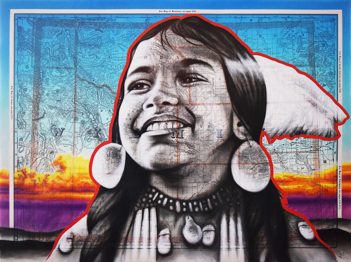 Smile, 30in x 40in, Airbrushed Acrylic & Brushed Oil on Vintage Map Image on Canvas