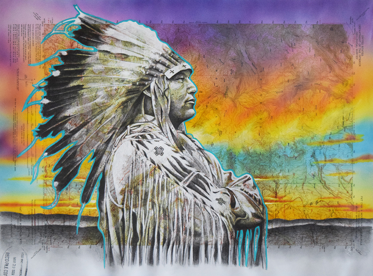 Standing Sentinel, 21.5in x 16in, Airbrushed/Brushed Acrylic & Graphite on Vintage Map