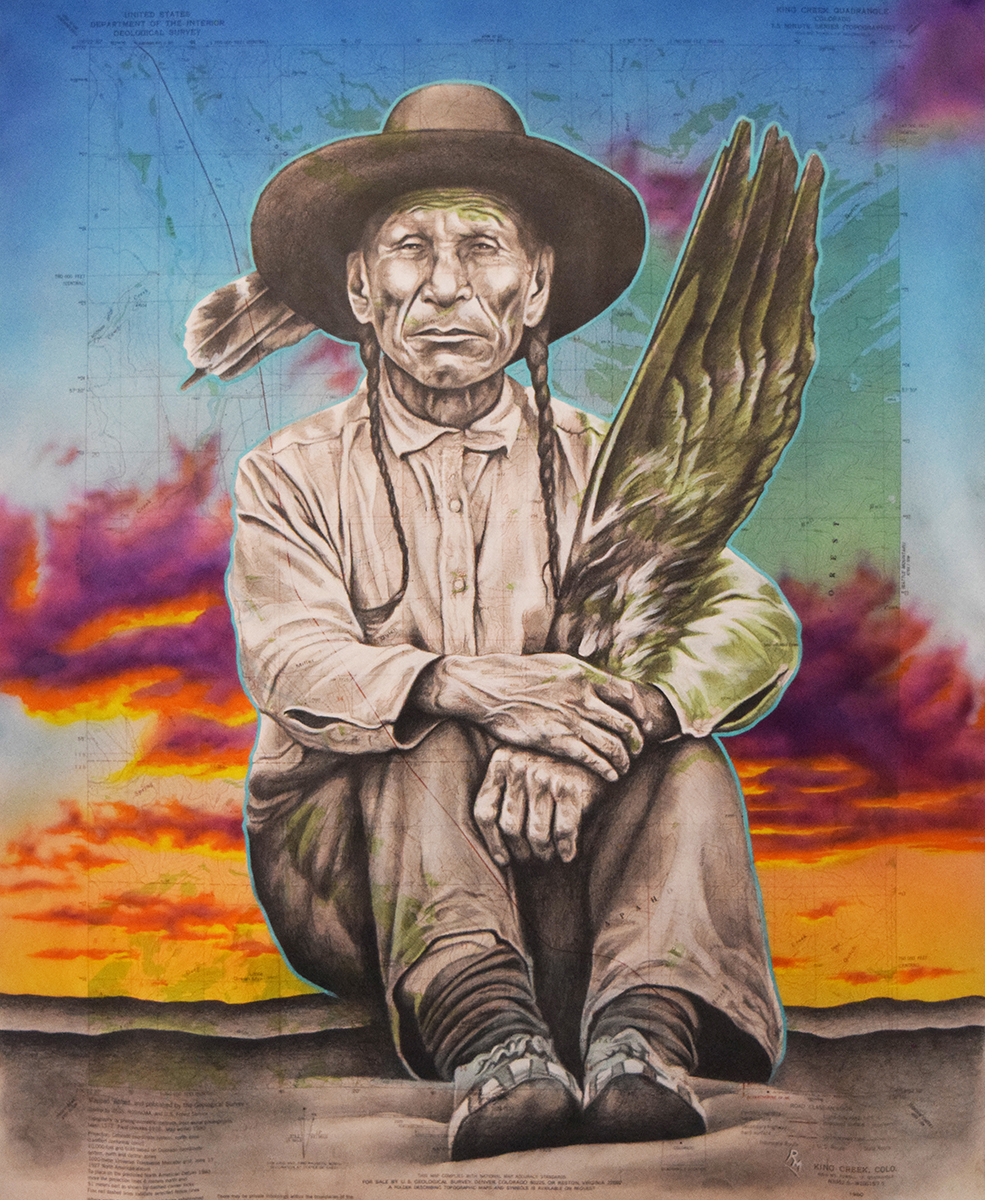 Stillness at Sunset, 26in x 24in, Airbrushed/Brushed Acrylic & Graphite on Vintage Map