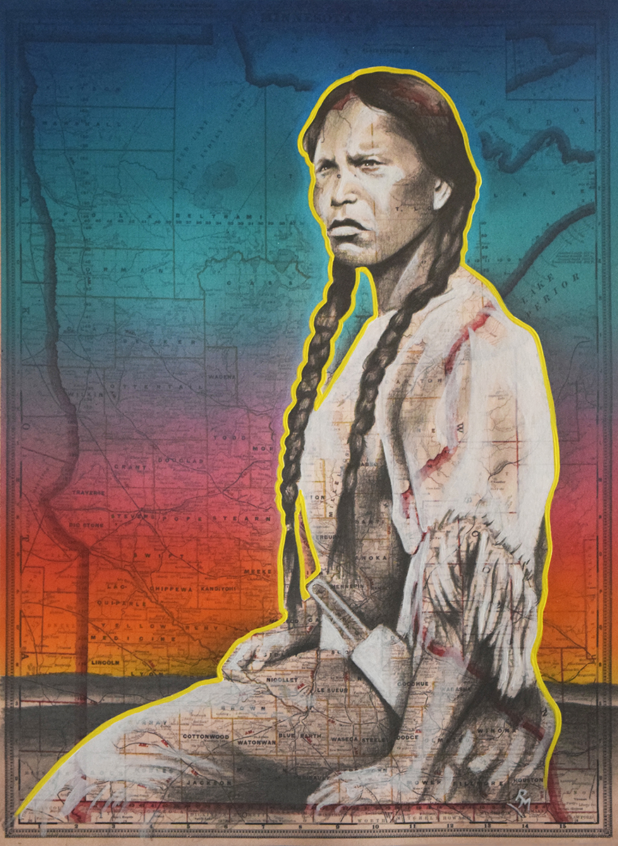 Strong Heart,  14in x 11in, Airbrushed/Brushed Acrylic & Graphite on Vintage Map Image
