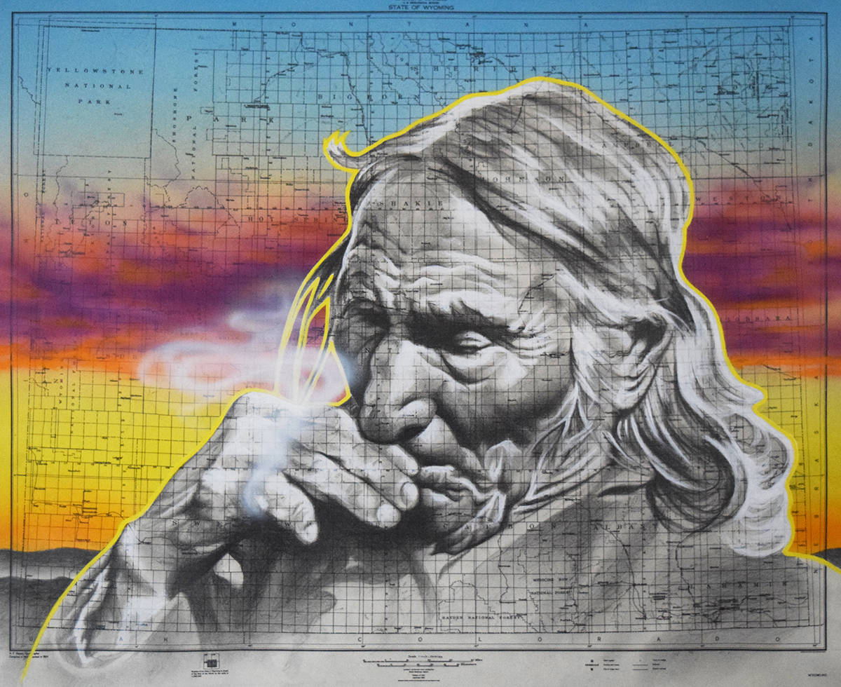 Sunset Smoke, 13in x 16in, Airbrushed/Brushed Acrylic & Graphite on Vintage Map