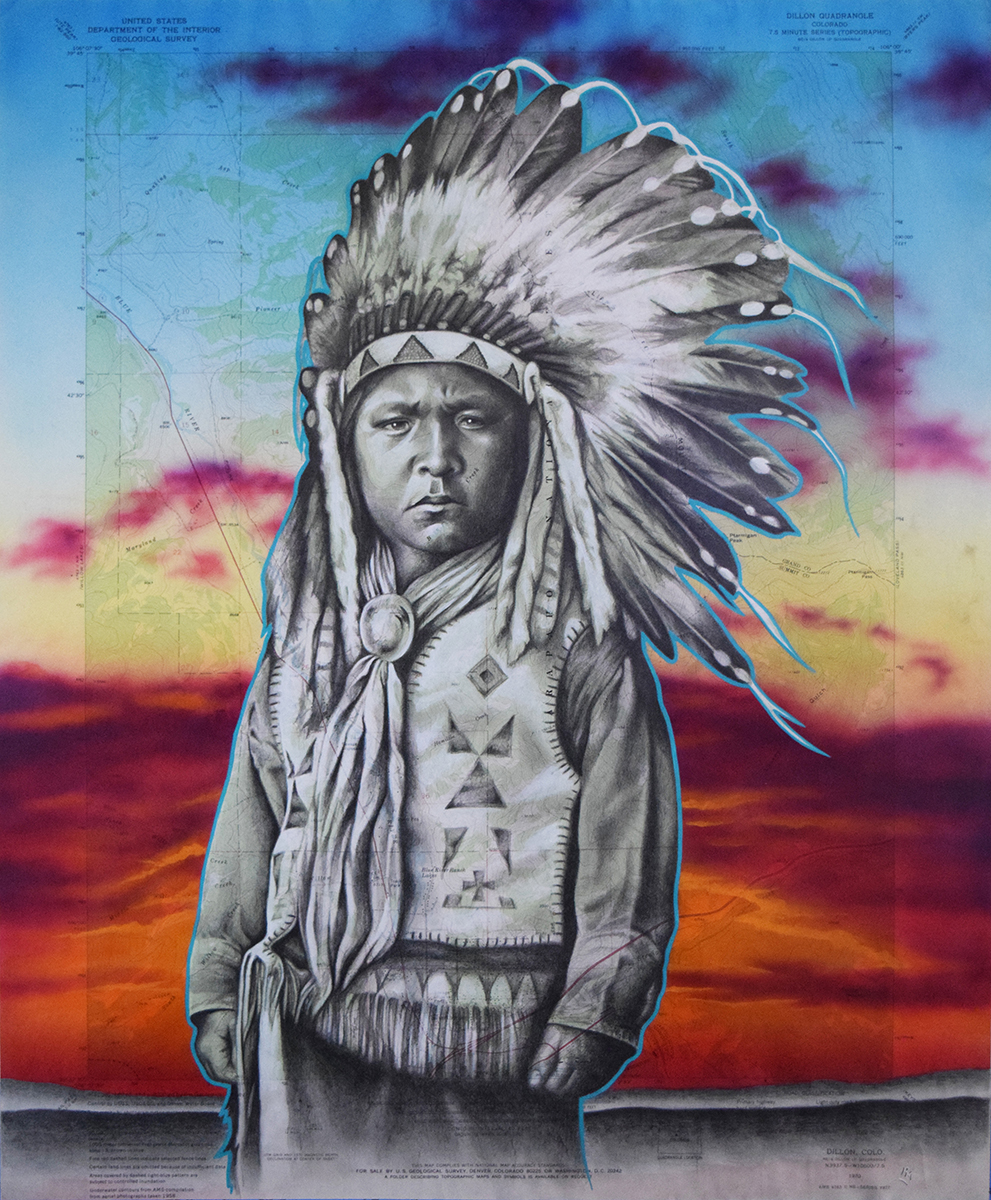 Think About the Future, 27in x 22in, Airbrushed Acrylic and Brushed Oil on Vintage Map Image