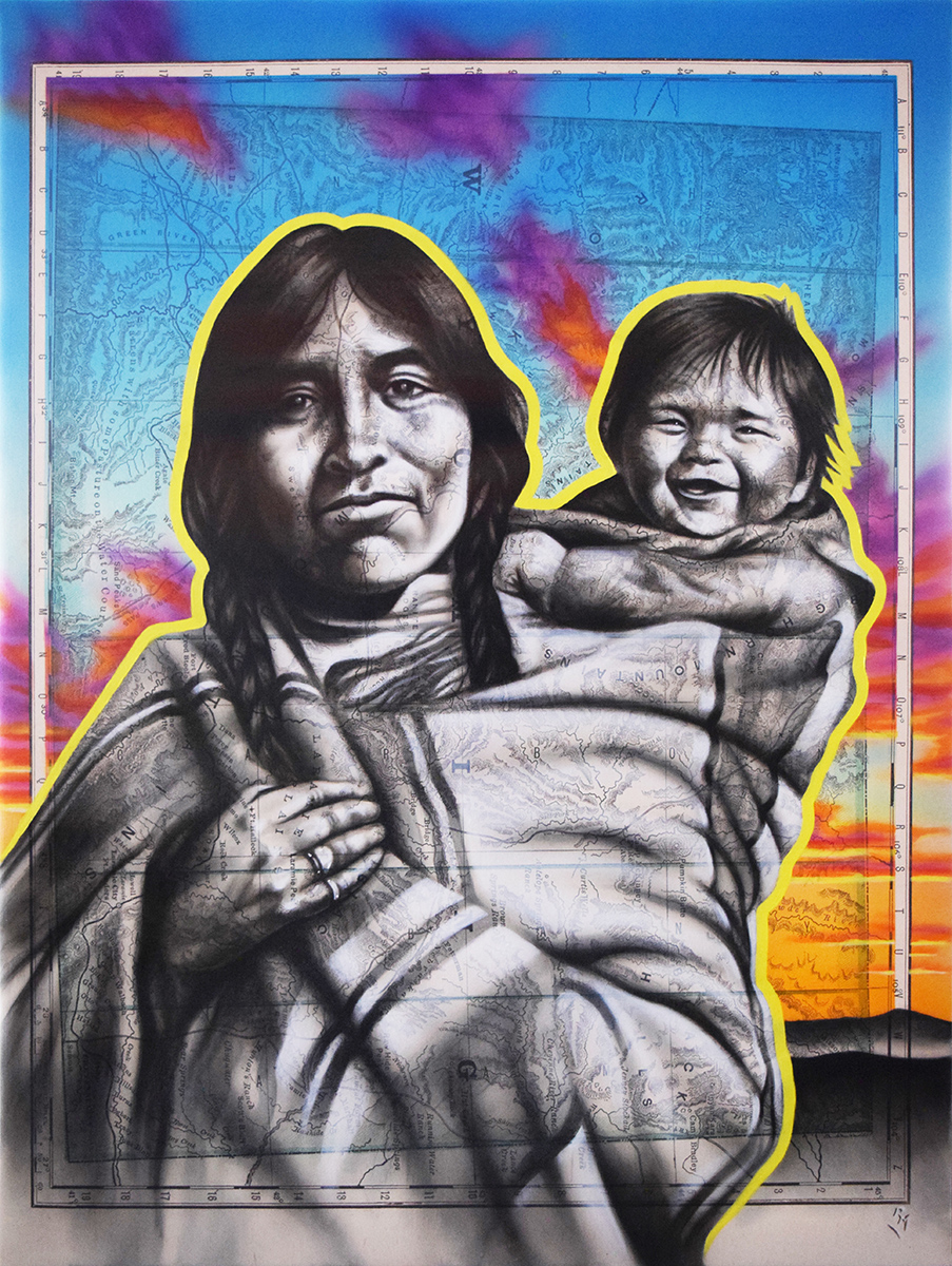 Two-Smiles, 40in x 30in, Airbrushed Acrylic & Brushed Oil on Vintage Map Image on Canvas