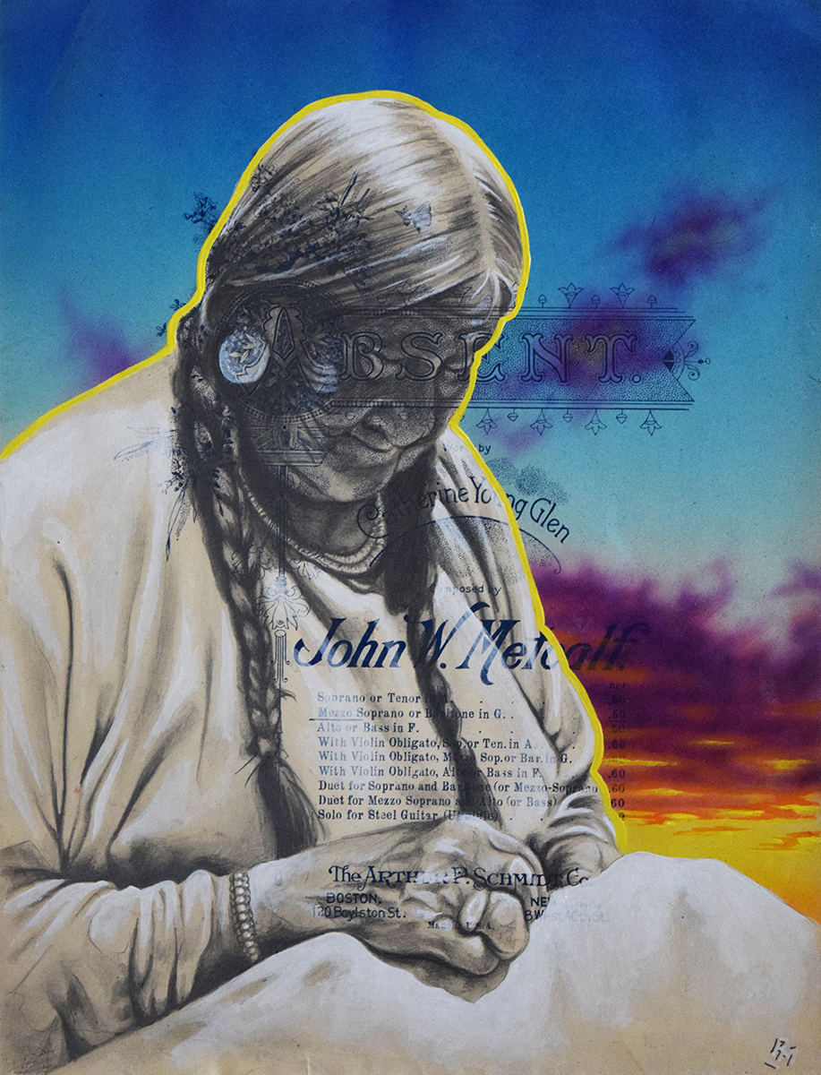 But Not Forgotten, 12in x 9.25in, Airbrushed/Brushed Acrylic & Graphite on Antique Sheet Music Title Page