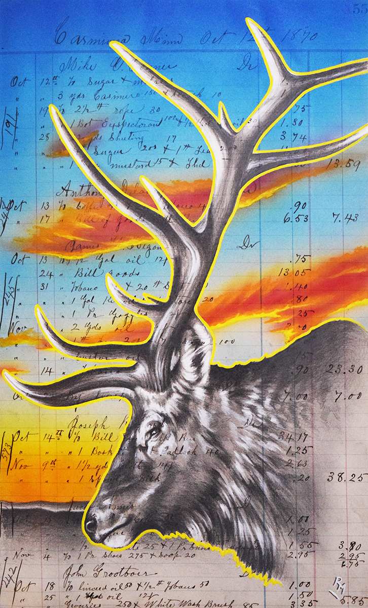 Heavy lies the Crown, 13in x 9in, Airbrushed/Brushed Acrylic & Graphite on Antique 1870 Ledger Paper