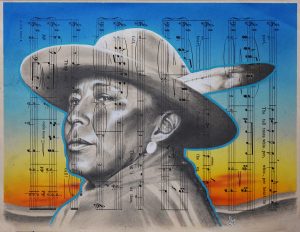Aunty Eyes, 9in x 12in, Airbrushed/Brushed Acrylic & Graphite on Antique 1927 Sheet Music