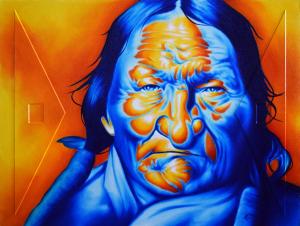 "Blue on Black Coyote", 18in x 20in, Airbrushed Acrylic & Oil on Panel with raised accents