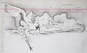 "Crane Clouds" 7in x 17in,Acrylic & Graphite on Antique 1897 Ledger Page