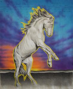 No Saddles,  17in x 14in, Airbrushed/Brushed Acrylic & Graphite on Antique 1897 Ledger Paper