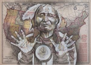 "NDN-Time" 11in x 14in, Graphite & Acrylic on vintage map image