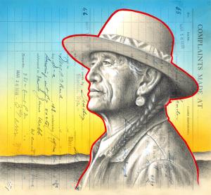 No Complaints this Morning, 9in x 10in, Airbrushed/Brushed Acrylic & Graphite on Antique 1918 Complaints Ledger Page