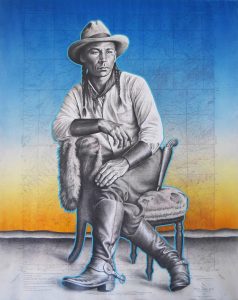 Prince of the Plains, 27in x 22in, Airbrushed/Brushed Acrylic & Graphite on Antique 1897 Ledger Paper