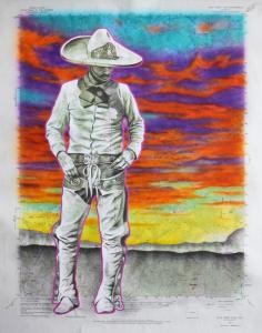 "Ranchero" 24in x 18in, Airbrushed Acrylic & Graphite on Vintage Map
