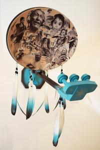 Star Link, 2.5ft x 3.5ft, Acrylic, Urythane, Wool Yarn, hand painted feathers and Custom designed Imagery on Embellished Satellite Dish Receiver