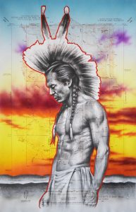 Warrior Wonderings, 21in x 13in, Airbrushed/Brushed Acrylic & Graphite on Vintage Map