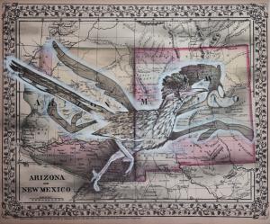 "Western Myths I", 11in x 14in, Graphite & Acrylic on vintage map image.