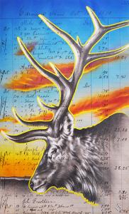 Heavy lies the Crown, 13in x 9in, Airbrushed/Brushed Acrylic & Graphite on Antique 1870 Ledger Paper